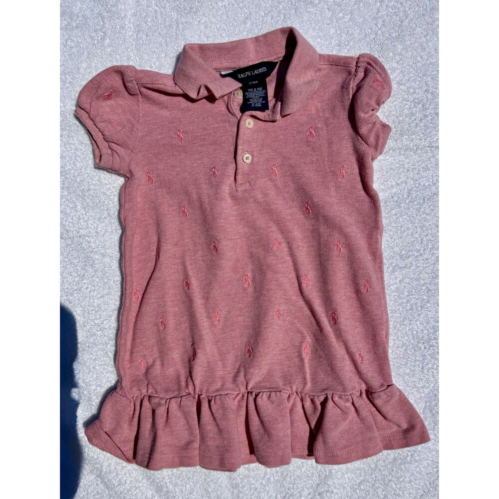 Ralph Lauren Girls 18-24M Pink Collared Knit Polo Shirt Dress Ruffle Hem Logo